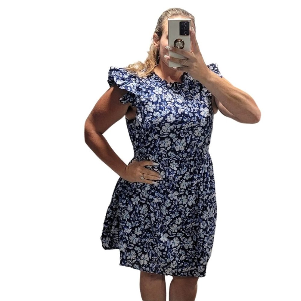 Vineyard Vines hibiscus floral ruffle sleeve dress blue spring high neckline 14